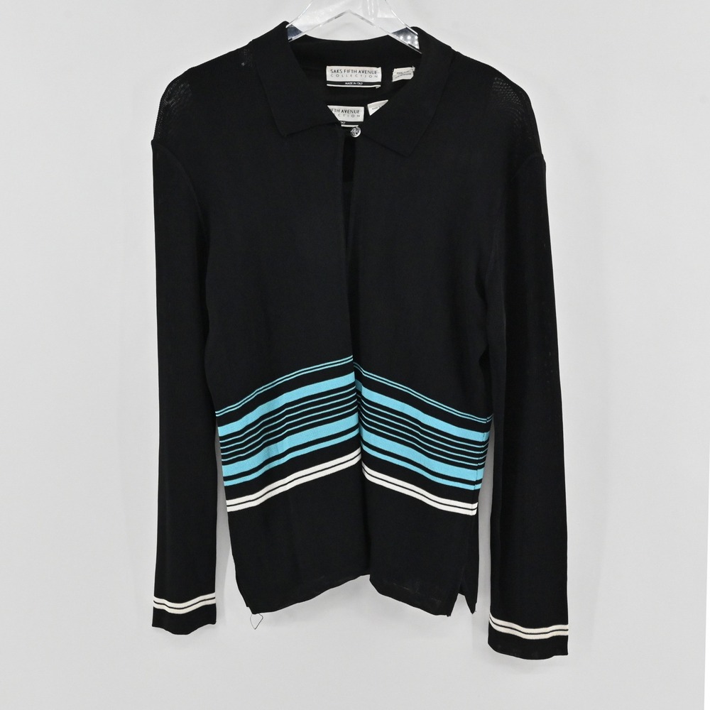 Saks Fifth Avenue Twin Set Cardigan Shell Womens Size L Black Turquoise Striped